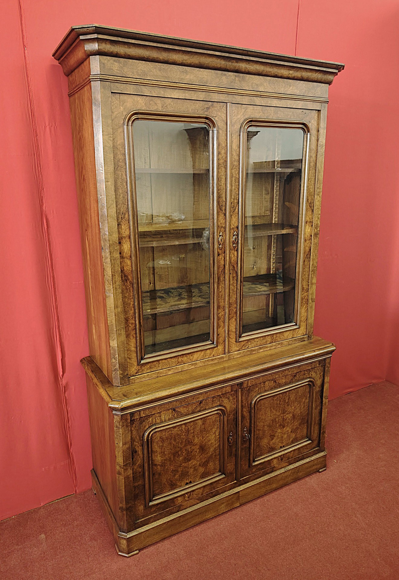Walnut Burl Display Cabinet – Double Body, 19th Century